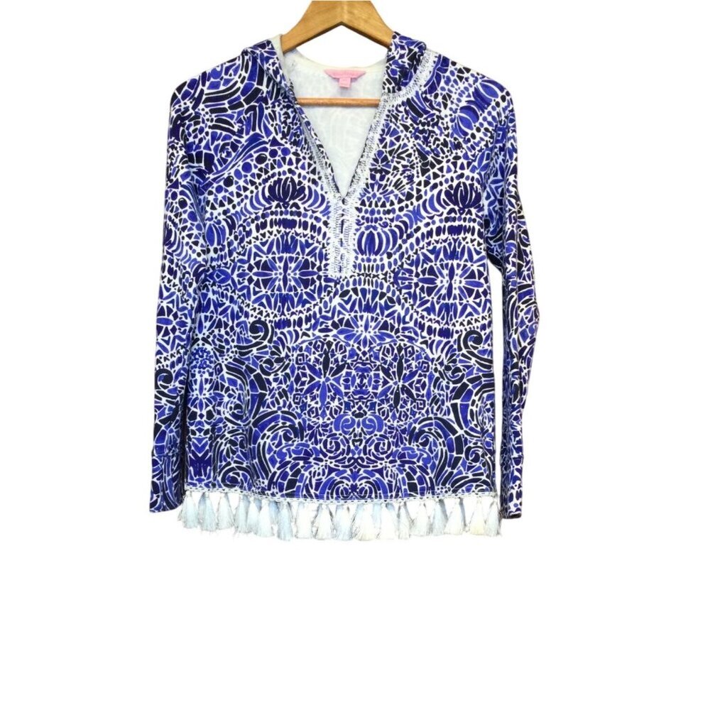 Lilly Pulitzer Harmon Hoodie Taverna Tile Allover Tassel Fringe Size XS
